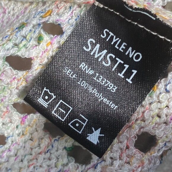 POL Boho Knit Open Front Short Sleeve Cardigan Sweater Pastel Sz M Crochet Beach - Picture 13 of 13